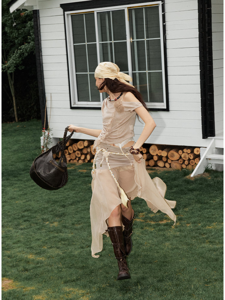 Irregular Ruffle Flower Asymmetric Shoulder Top