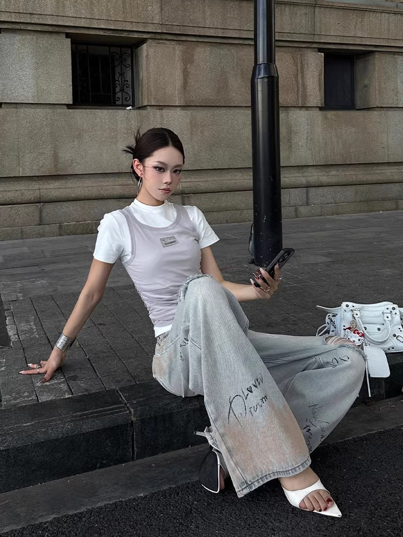 Graffiti Spray-Wash Wide-Leg Denim Jeans