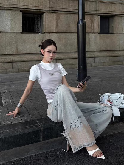 Graffiti Spray-Wash Wide-Leg Denim Jeans