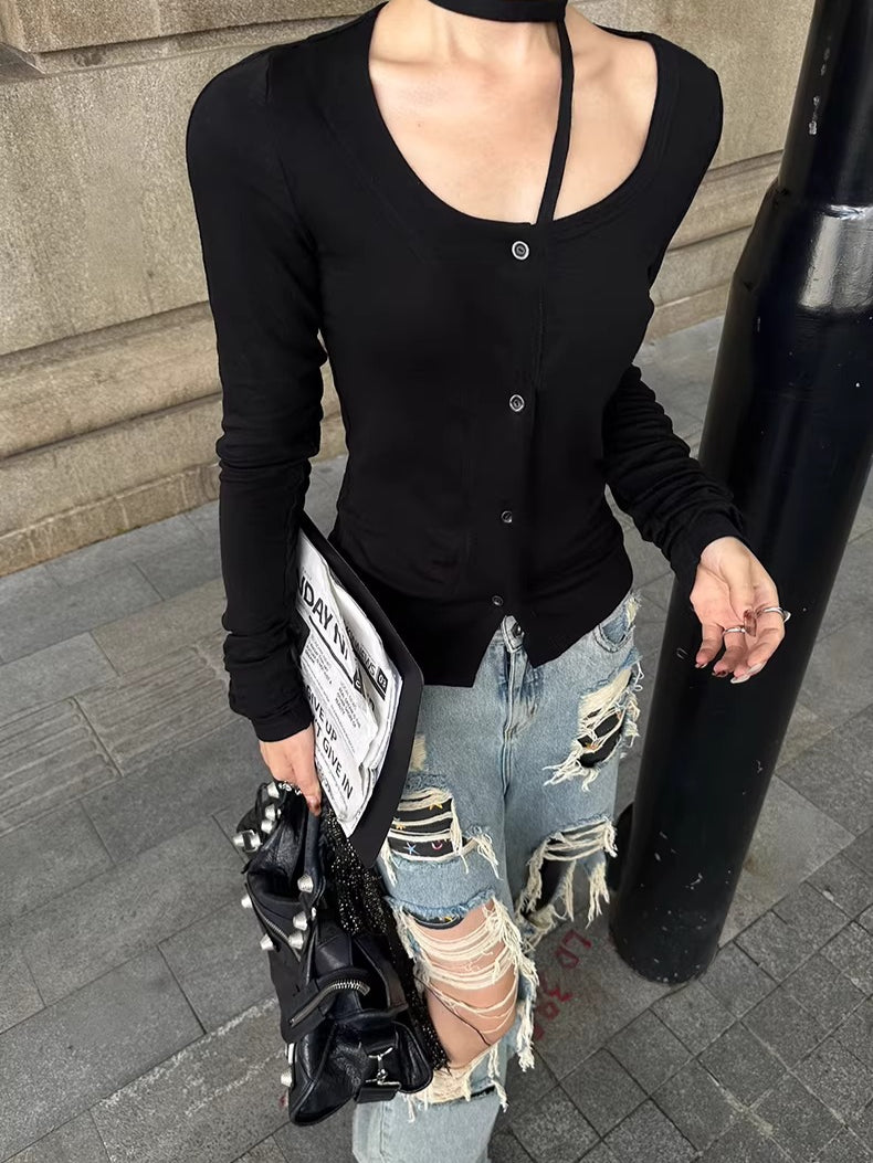 Wool Neck-Wrap Base Layer Cardigan