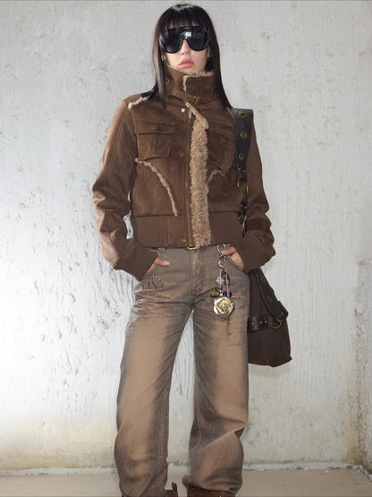 Faux Shearling Ribbed Short Jacket