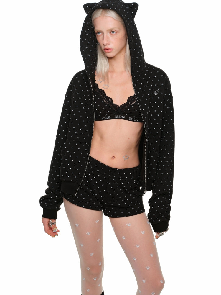 Cat Paw Polka Dot Hooded Cardigan Set