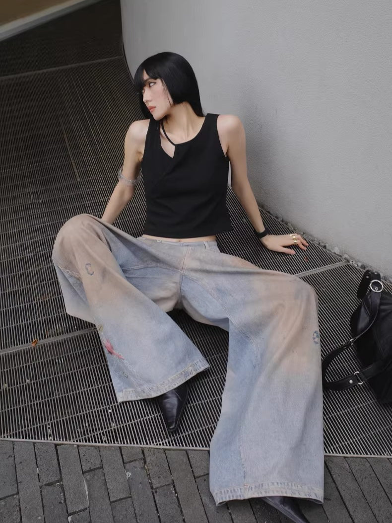 3D Ocean Print Oversized Denim Pants