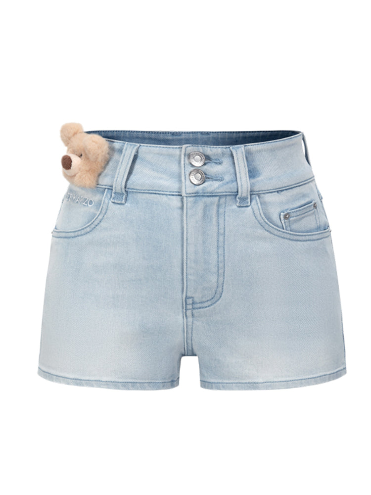 Fuzzy Bear High-Waist Denim Shorts