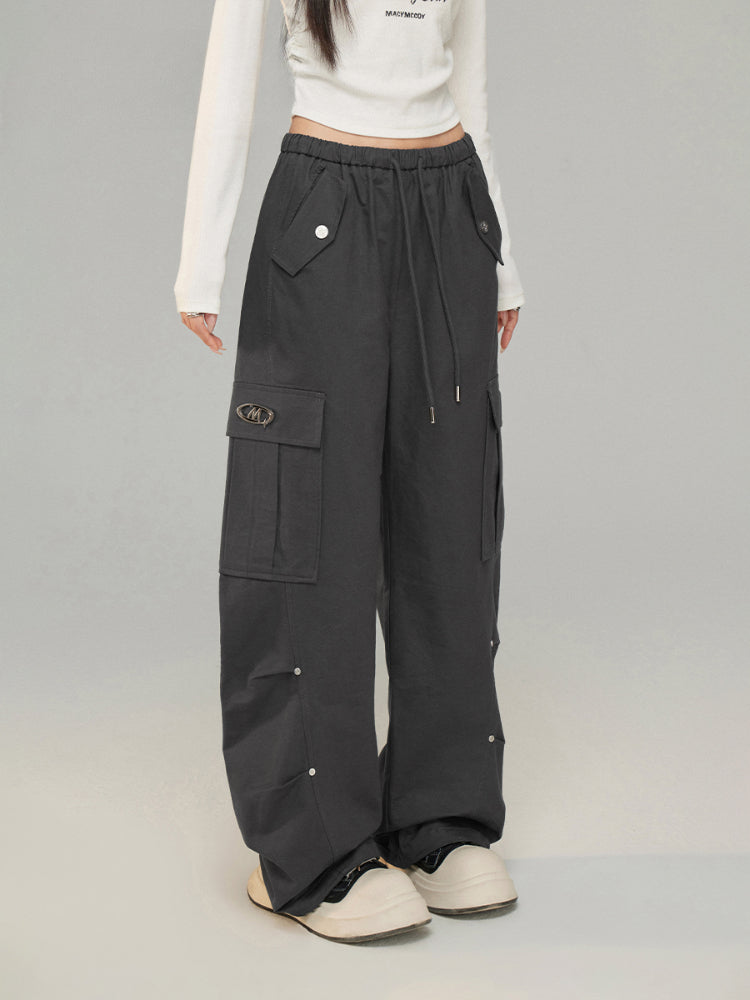 Drawstring Pleated Workwear Wide-Leg Pants