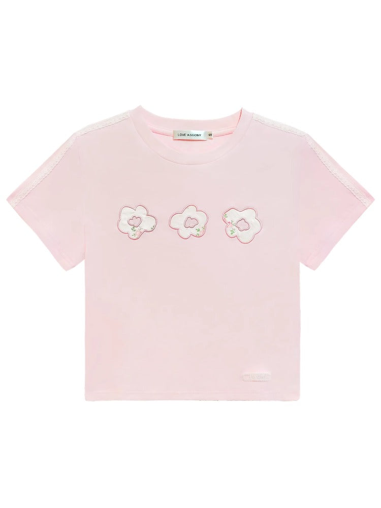 Flower Applique Round Neck T-shirt