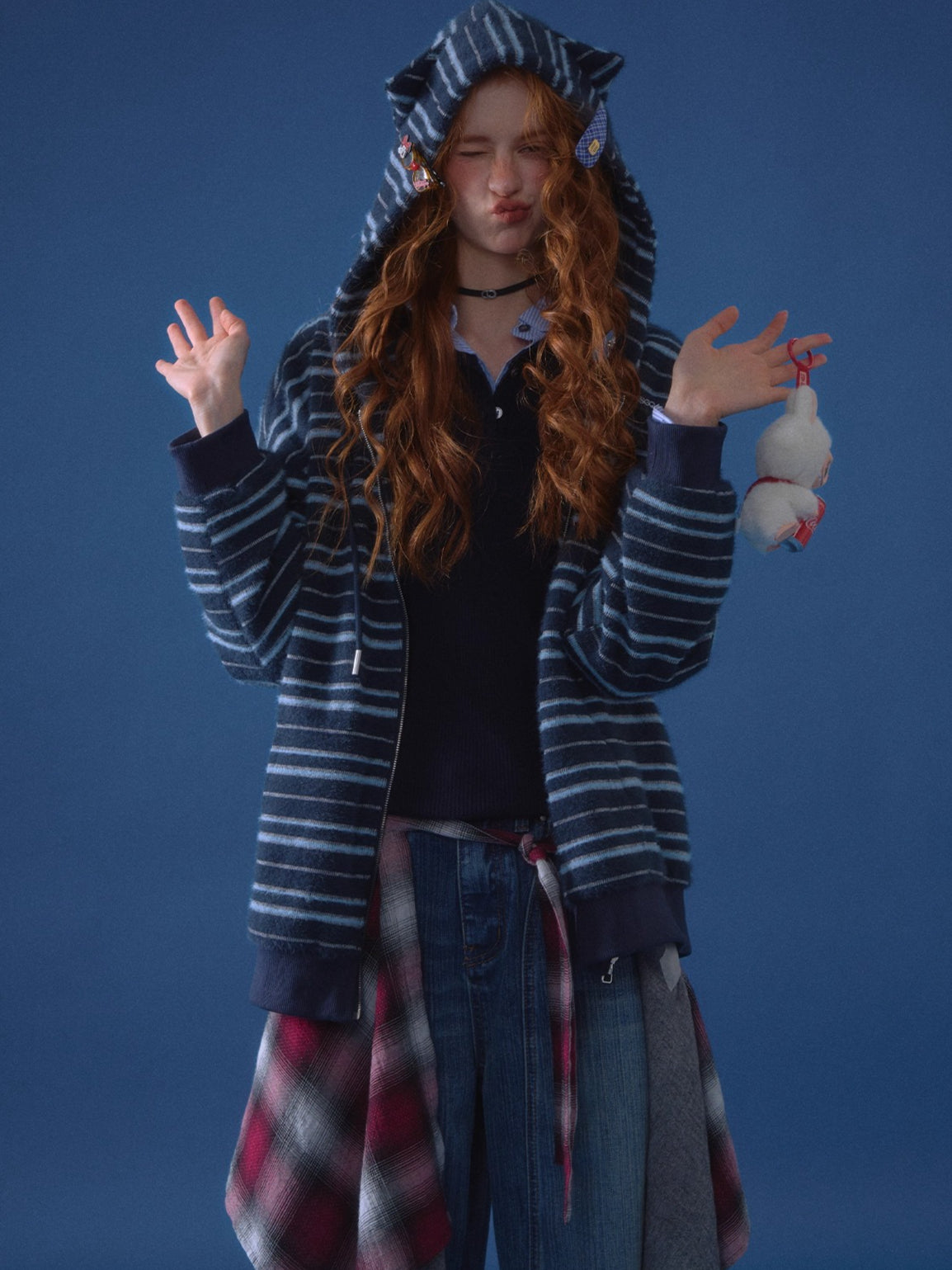 Striped Plush Cat-Ear Zip-up Hoodie