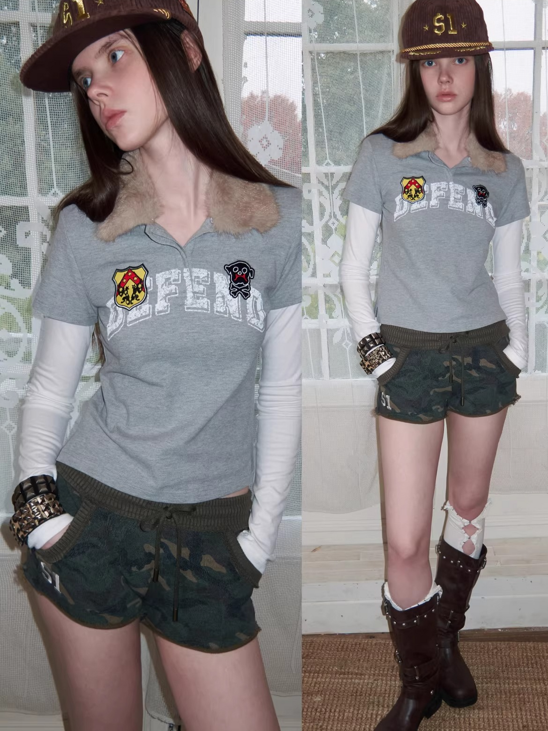 Layered Polo Long Sleeve Top with Faux Fur Collar