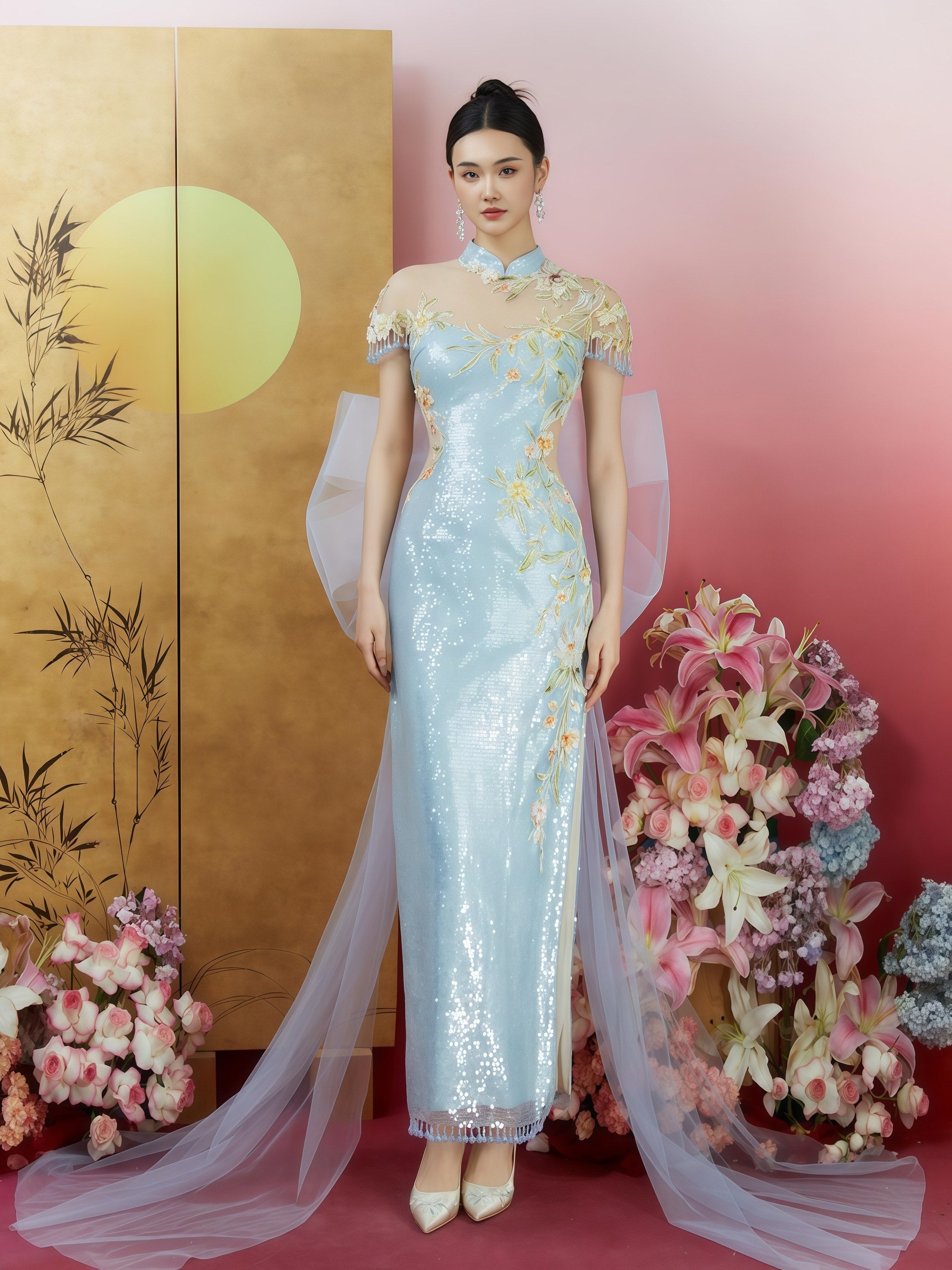 Azure Dream Embroidered Sequin Cheongsam with Detachable Bow Train