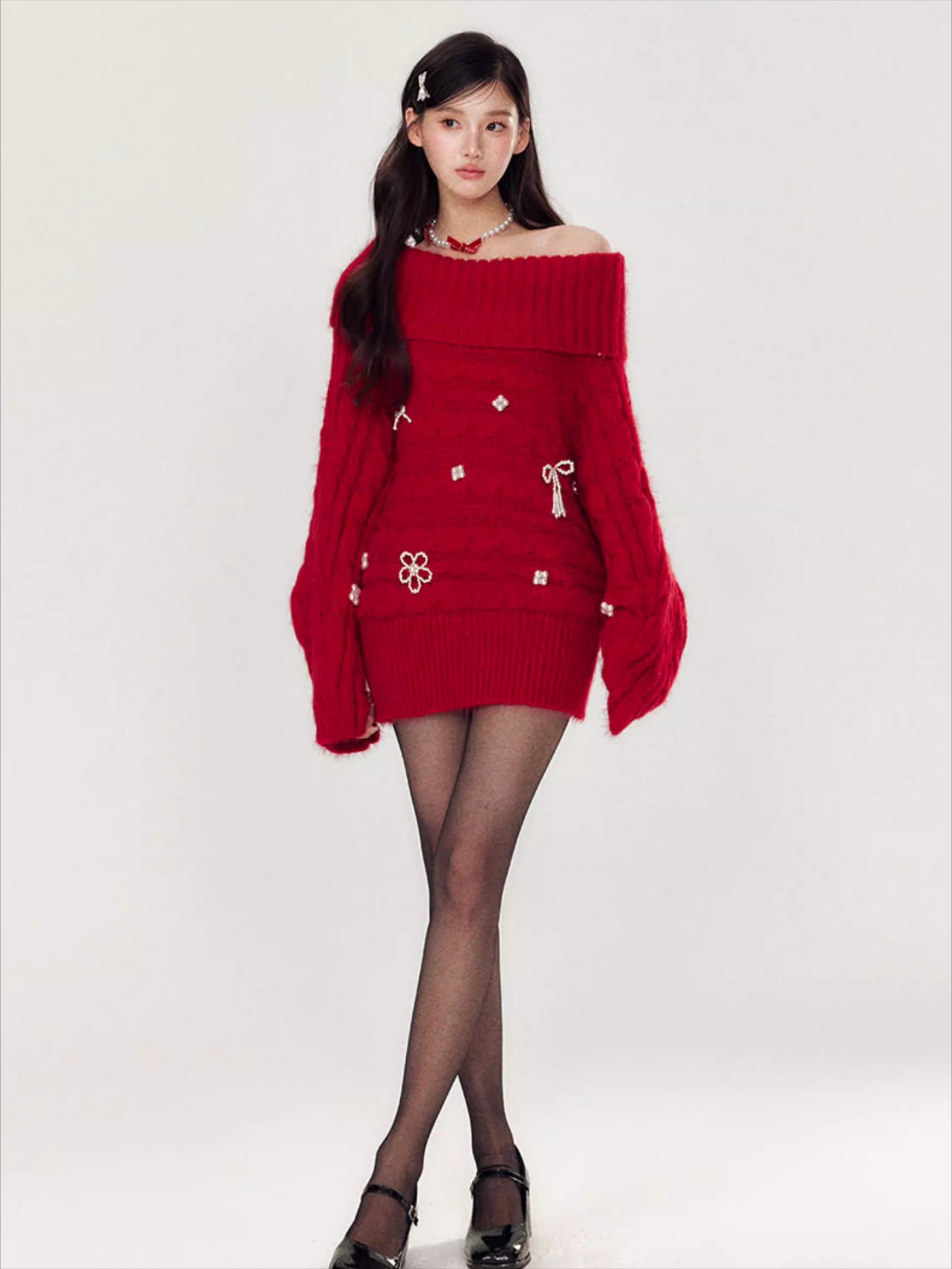 Hand-Embellished Beaded Off-Shoulder Knit Sweater