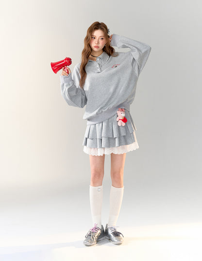 American College Style Polo Collar Sweatshirt &amp; Skirt Set