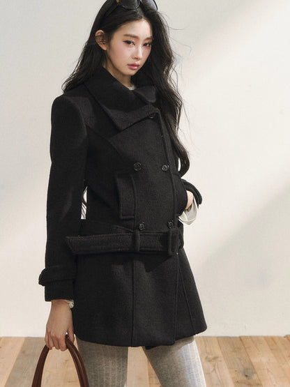 Black Wool-Blend Detachable Hem Double-Breasted Coat
