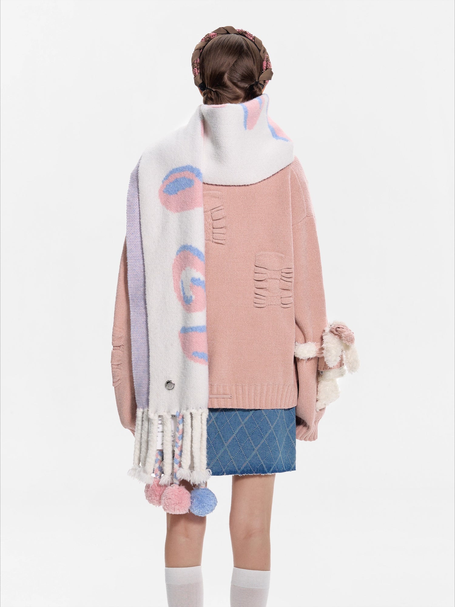 Jacquard Pom-Pom Knit Shawl Scarf