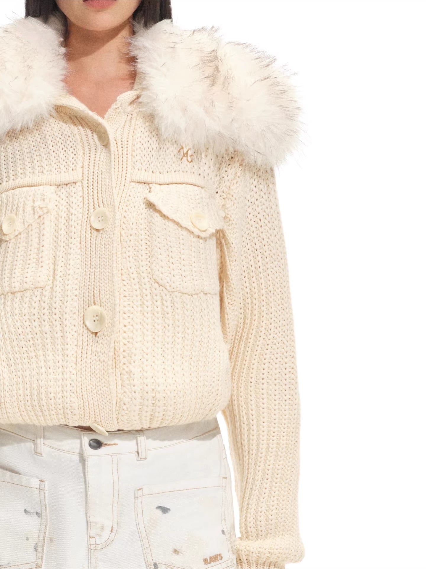 Faux Fur Collar Wool Knit Cardigan