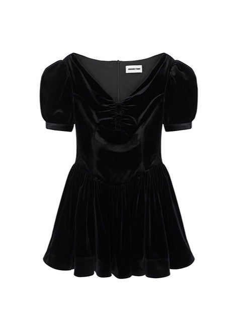 Ruched Puff-Sleeve V-Neck Mini Dress