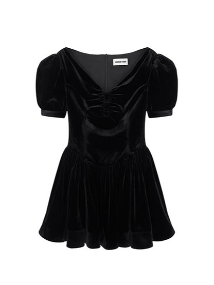 Ruched Puff-Sleeve V-Neck Mini Dress