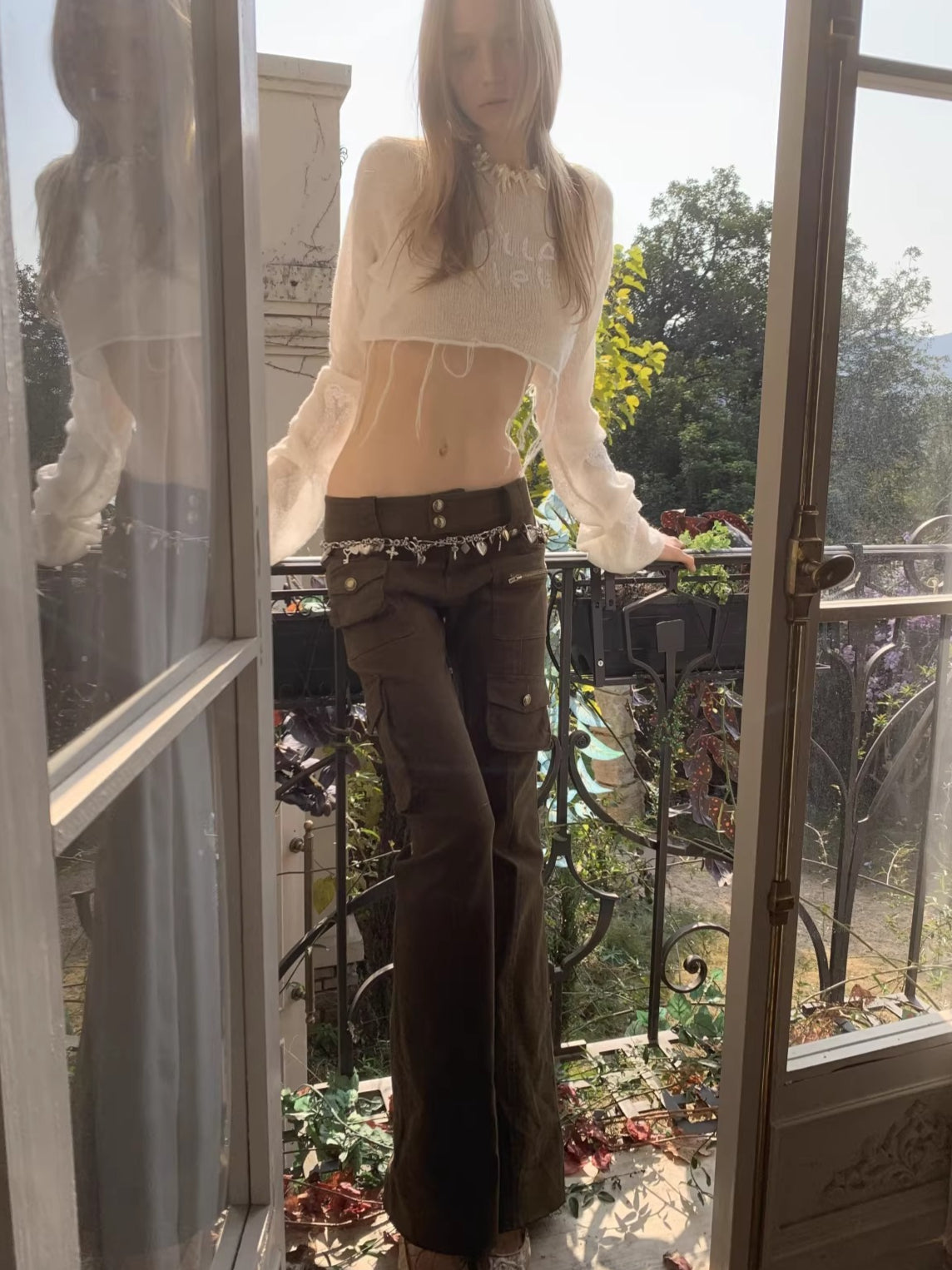 Washed Utility Low-Rise Flared Pants