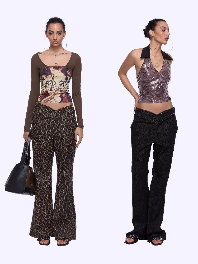 Studded Leopard-Print Micro-Flared Denim Pants