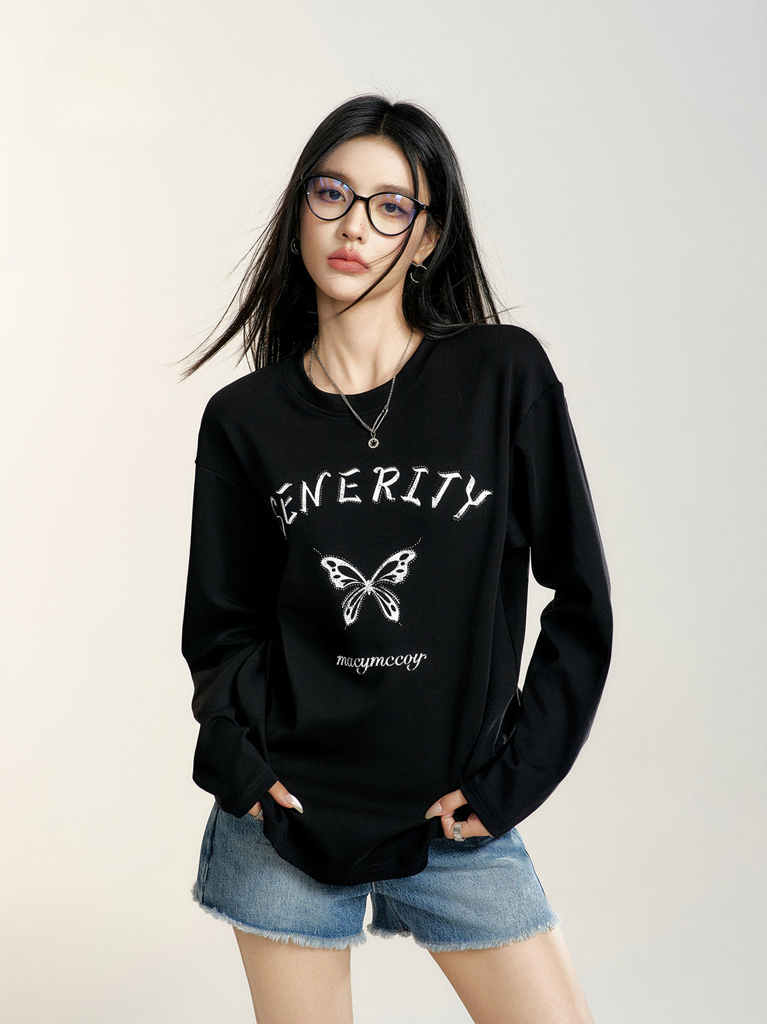 Black &amp; White Rhinestone Butterfly Long-sleeve T-shirt