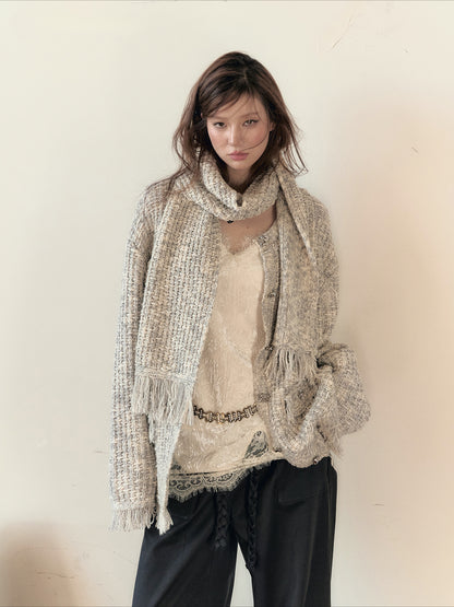 Frayed Edges Wool Mid-Length Knit Cardigan