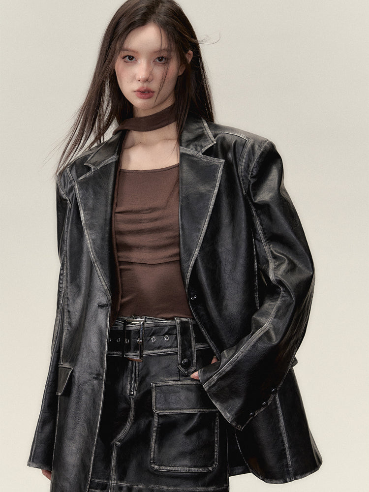 Faux Leather Jacket &amp; Skirt Two-Piece Set - CHINASQUAD