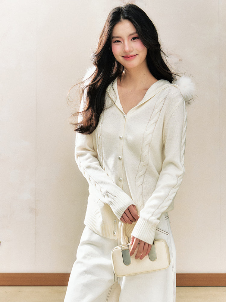 White Hooded Sweater Inner Fitted Knit Cardigan