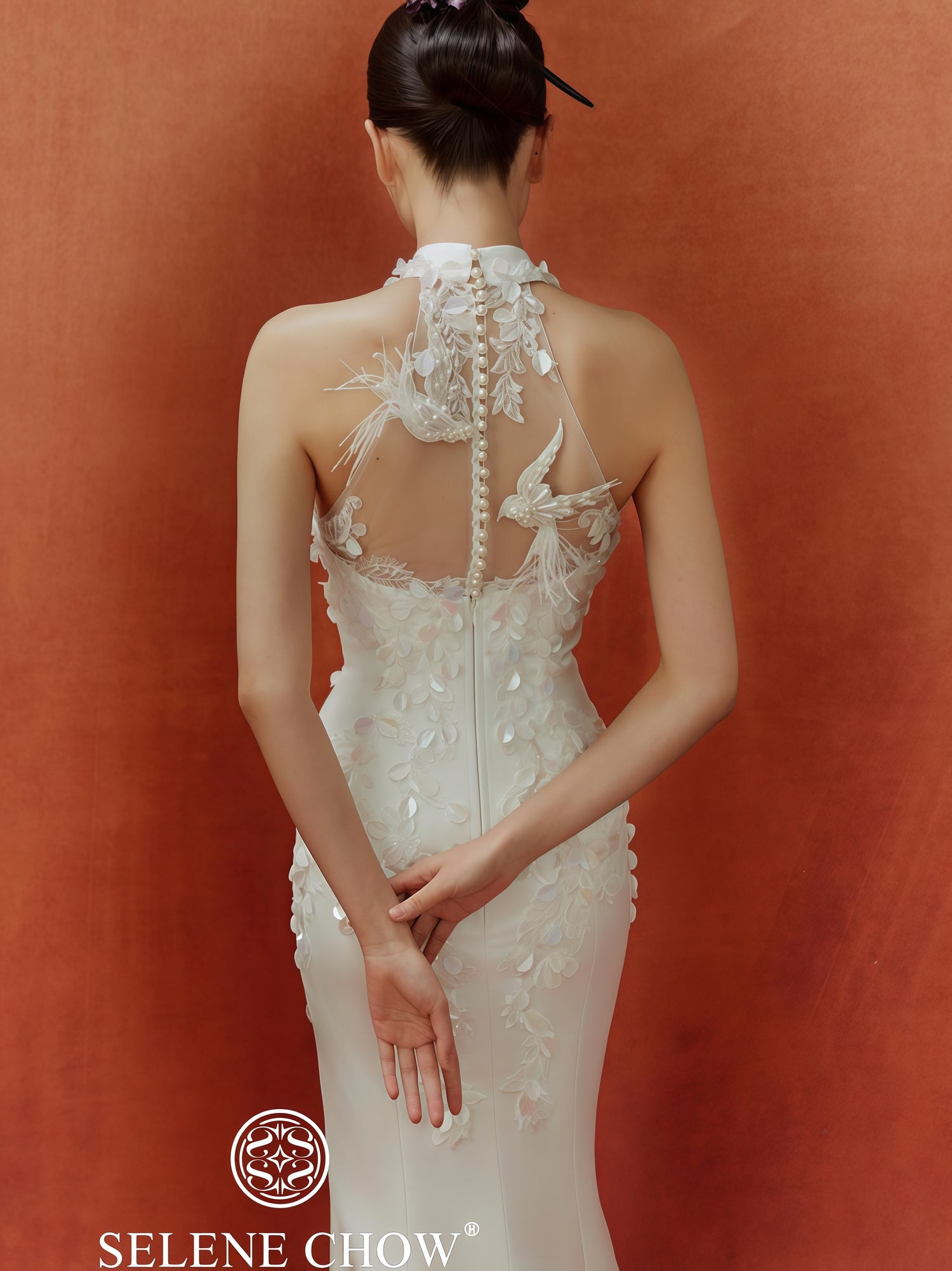 Ivory Illusion Embroidered Halter Mermaid Gown