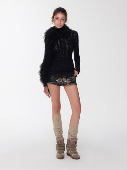 Cable-Knit Faux-Fur Trim Fitted Sweater