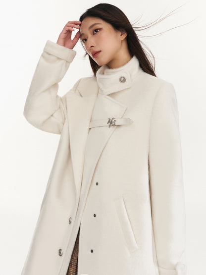 Cream Double-Breasted Leather Strap Wool Coat