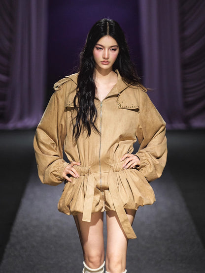 Studded Suede Hooded Trench Coat