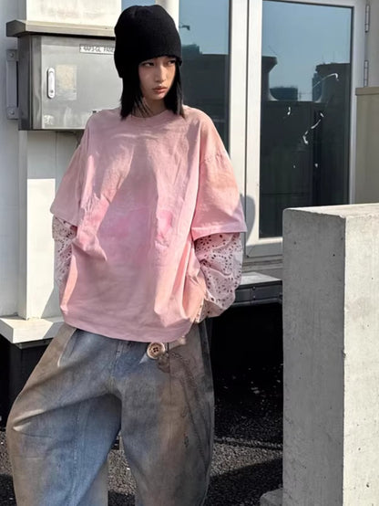 Lace-Panel Spray-Dyed Cotton T-Shirt