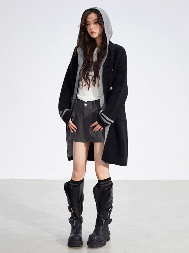 Detachable Collar Knit Hooded Long Cardigan