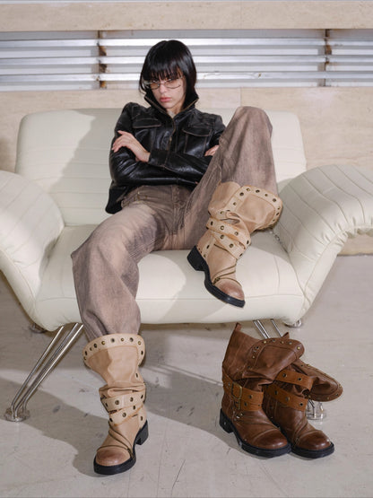 Retro Distressed Rivet Zipper Mid-Calf Boots