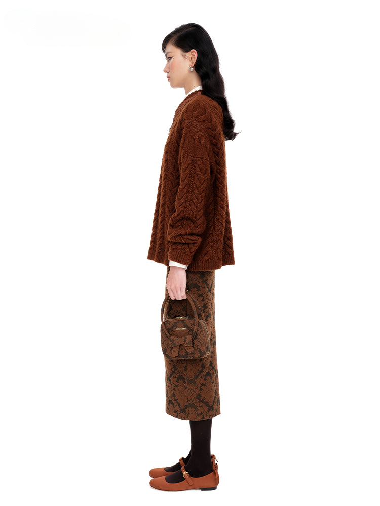 Gray &amp; Brown V-Neck Cable Knit Pullover