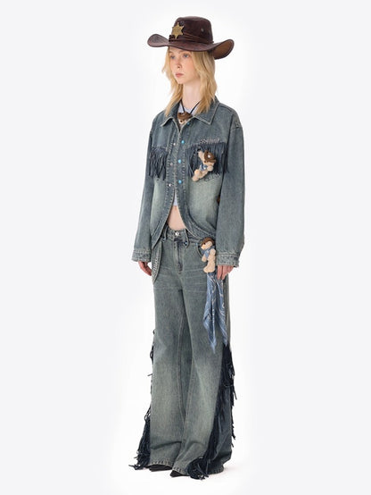 Fringe Relaxed Flare Denim Pants