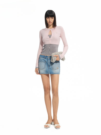 Fake Two-piece Layered Contrast-color Cardigan - CHINASQUAD