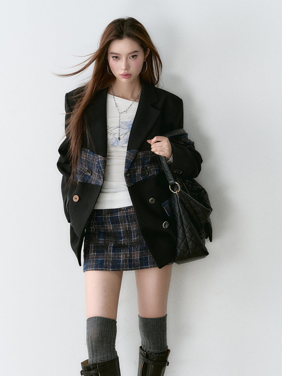 Plaid Button Patchwork A-Line Skirt