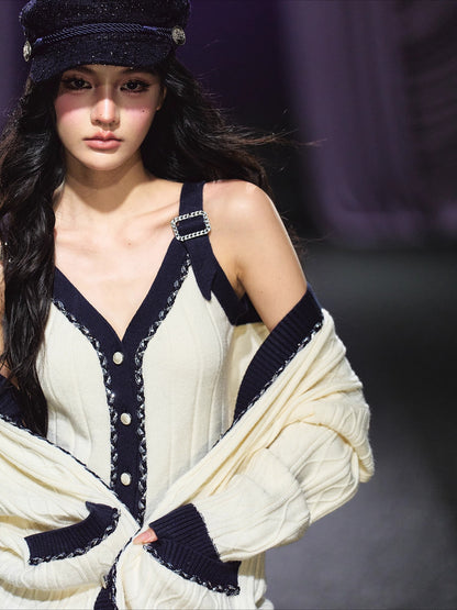 Contrast-Trim Knit Cardigan &amp; Vest Set