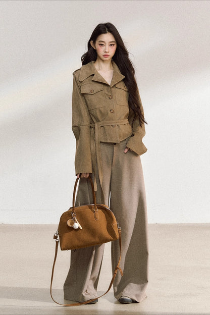Khaki Suede Cropped Jacket