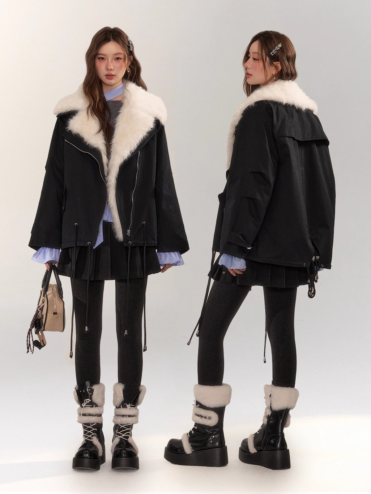 Detachable Fur Collar Parka Coat