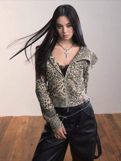 Leopard Print Street-Style Zip-up Hoodie