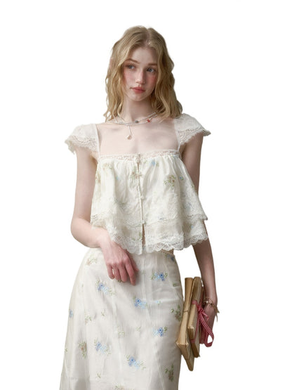Lace Embroidery Flower French - Style Shirt &amp; Skirt Set