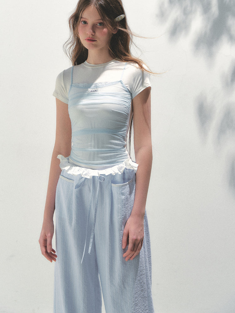 Contrast Color Fake Two-piece Mesh Lace Short-sleeve T-shirt - CHINASQUAD