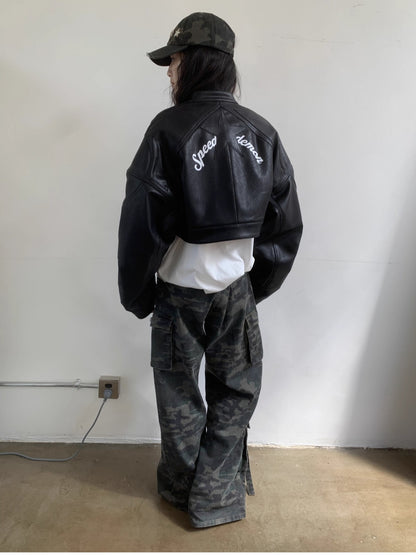 Washed Camouflage Multi-Pocket Cargo Wide-Leg Pants