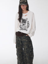 Vintage Cat & Dog Print Distressed Long-Sleeve Tee - CHINASQUAD