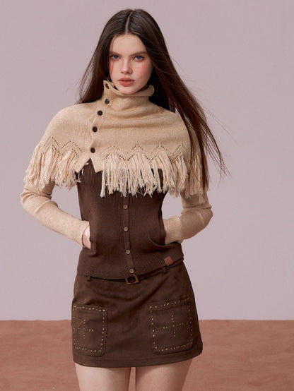 High-Neck Knit Top Fringe Cape Set