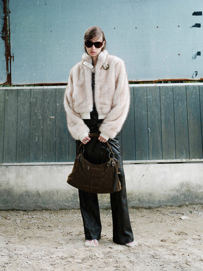 Metal-Buckle Stand Collar Faux Fur Coat