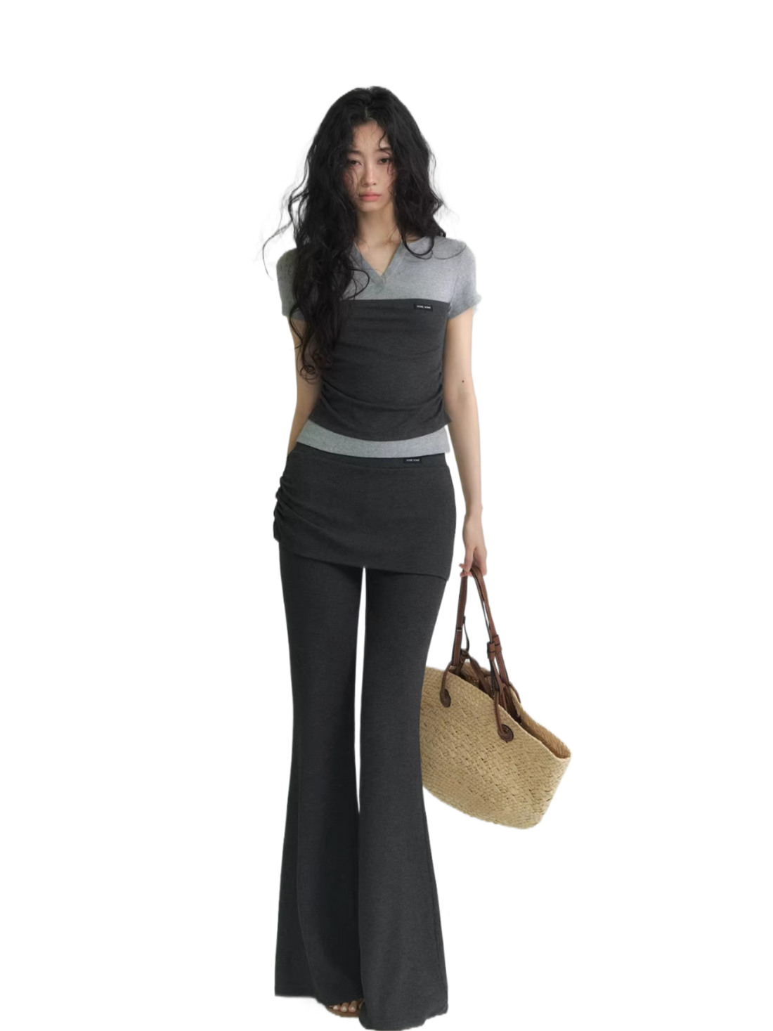Layered Bandeau-Effect V-Neck Short Sleeve Top &amp; Ruched Panel Lounge Flared Pants Set