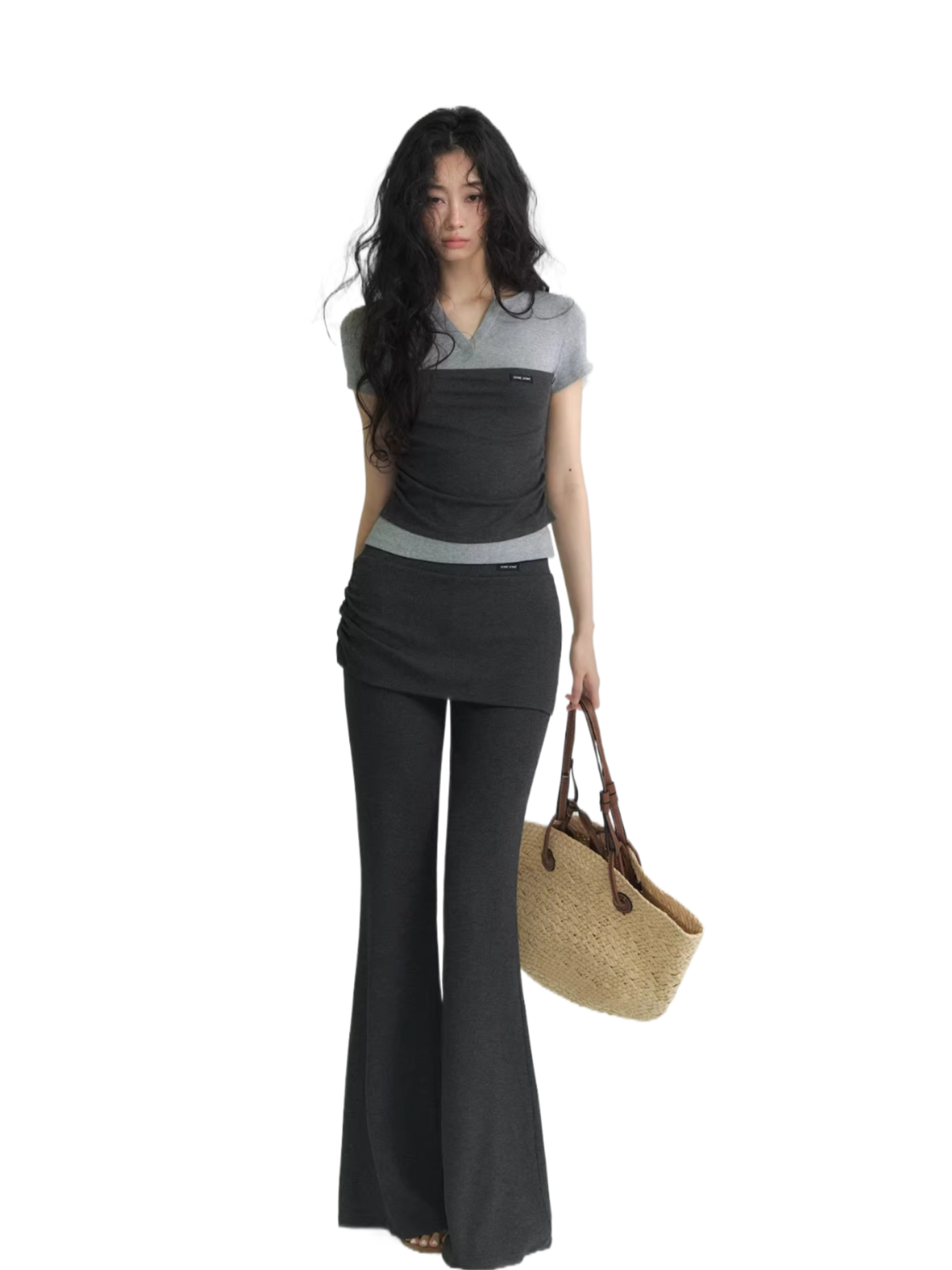 Layered Bandeau-Effect V-Neck Short Sleeve Top &amp; Ruched Panel Lounge Flared Pants Set