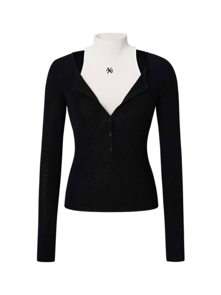 Reversible Buttoned Turtleneck Long-Sleeve Stretch Fitted Top